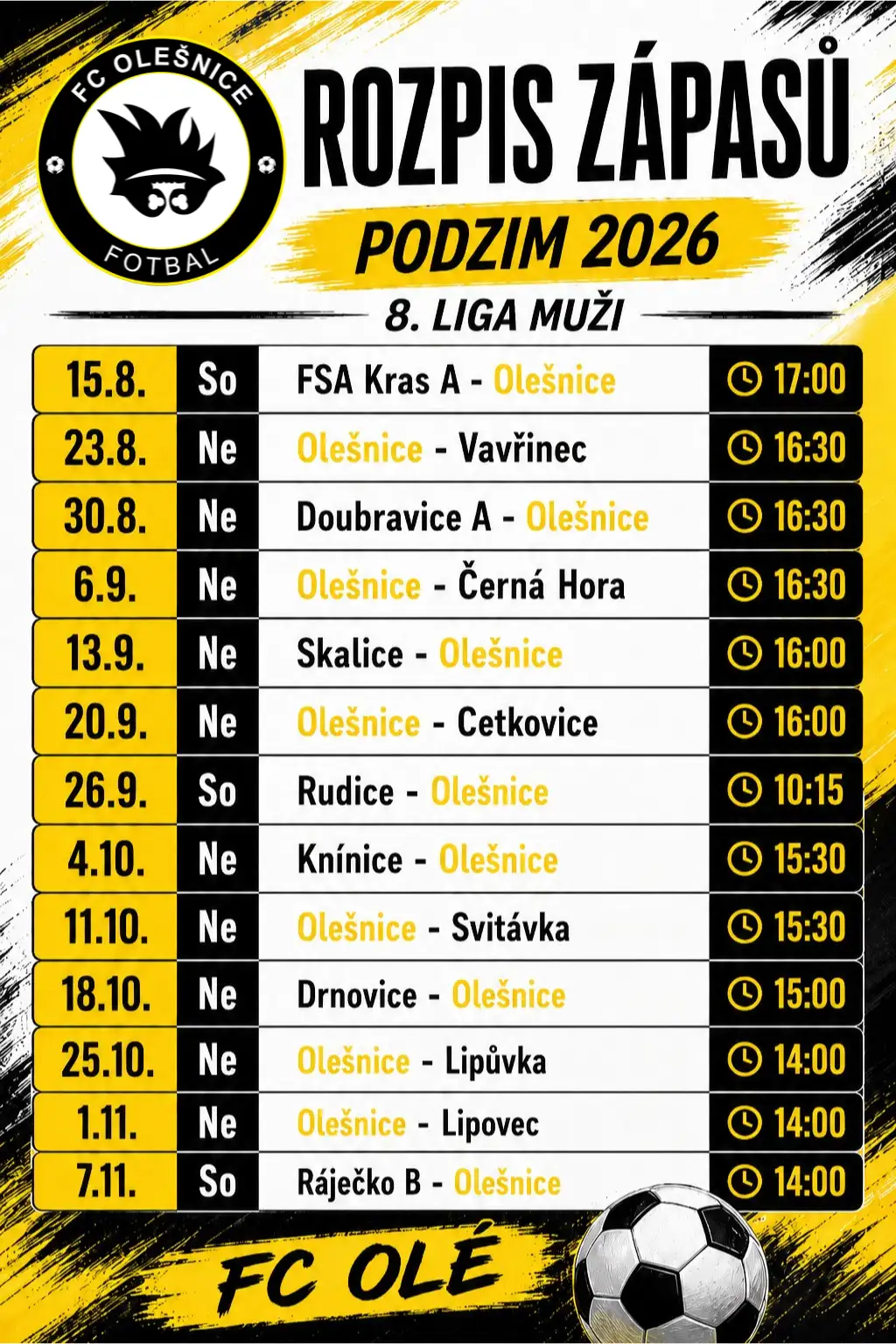 ROZPIS | Podzimní část zahájíme proti FSA Kras A